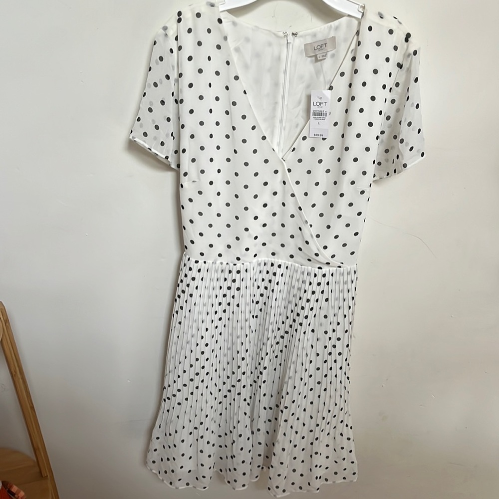 NWT Loft Outlet white dress with black polka dots